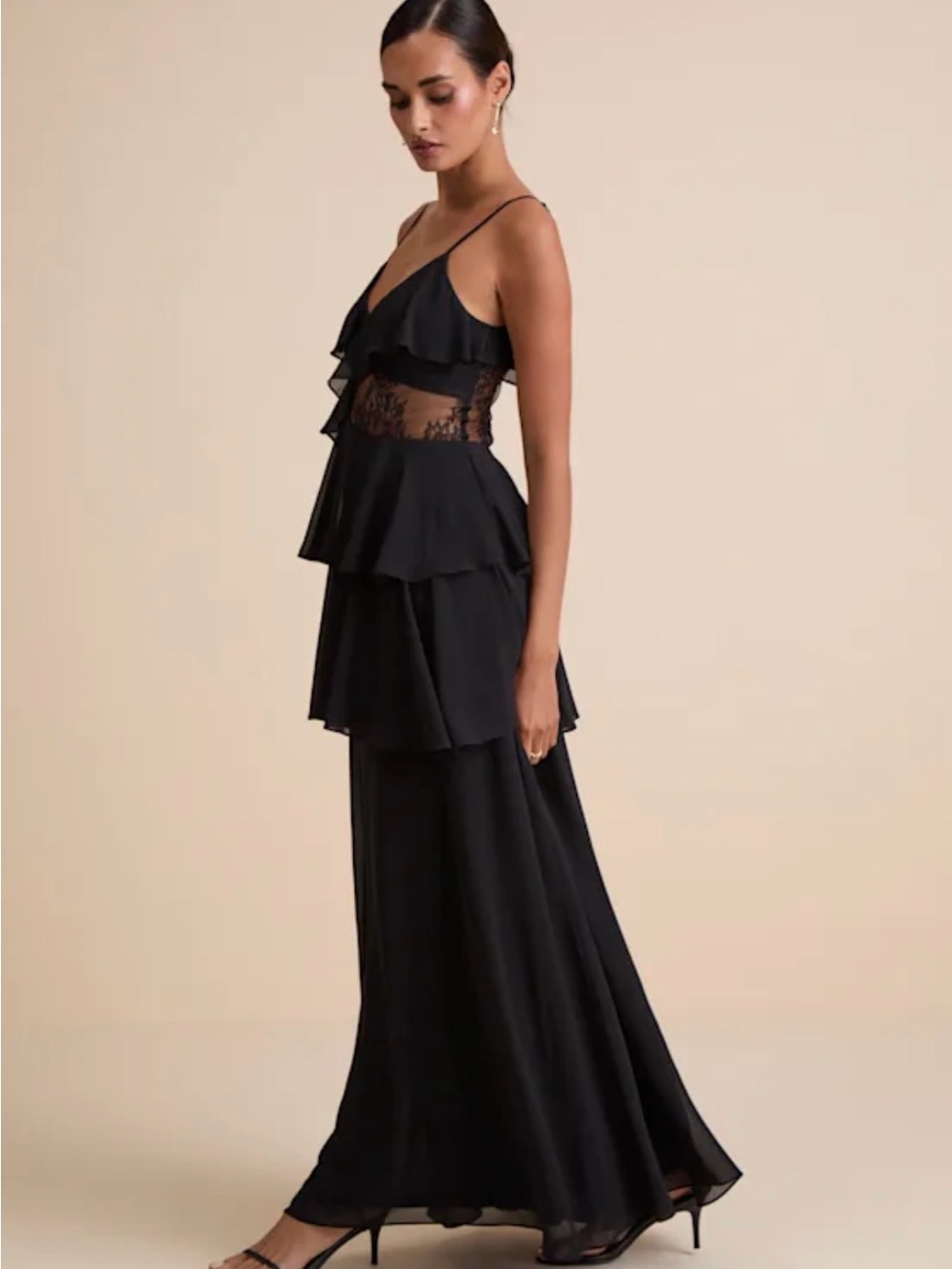 Black Tiered Ruffle Lace Side Gown